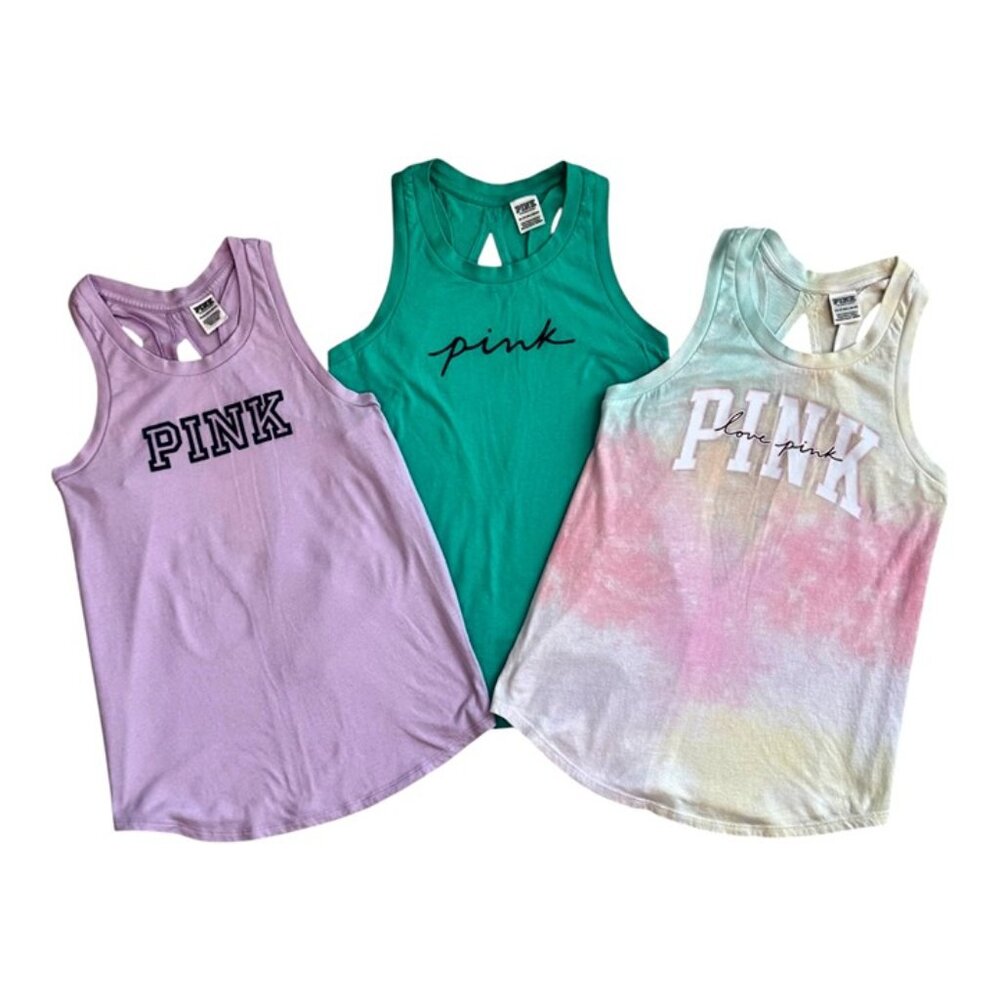 PINK Victoria's Secret Racerback Tanks! Lot of 3, Purple/Green/TieDye, XS, EUC!